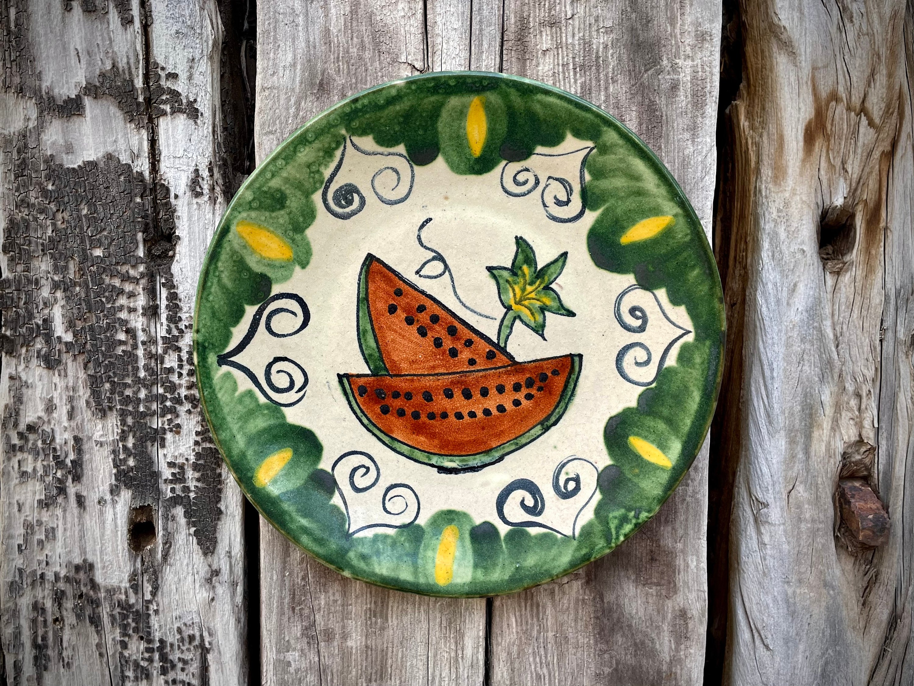 Vintage Mexican Pottery Plate Wall Hanging w/ Watermelon Design Approx