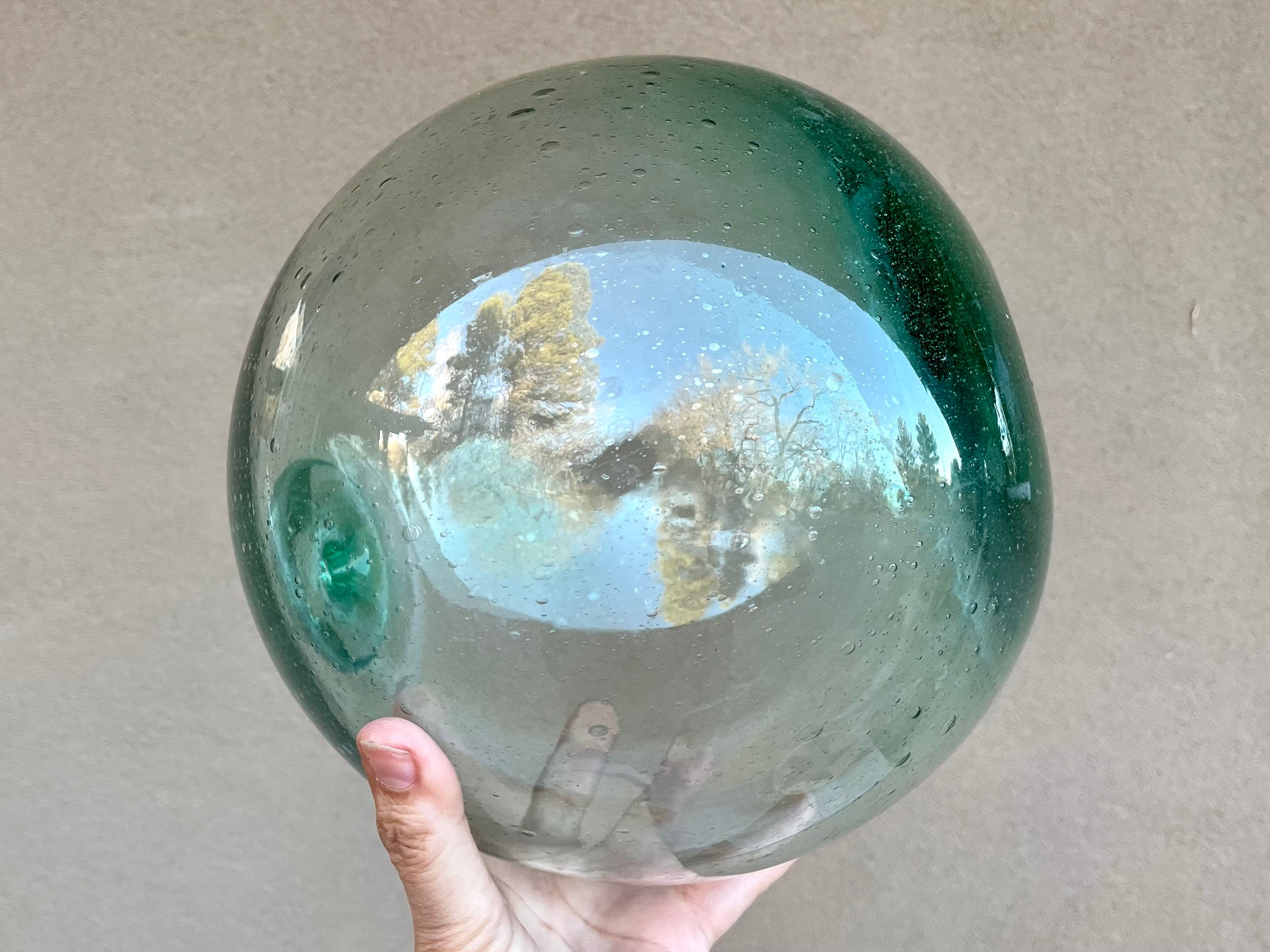 Vintage Glass Fishing Float Ball 9 Diameter 28 Circumference, Green Clear,  Beach Home Decor