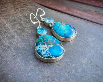 Vintage Sterling Silver Blue Matrixed Stone & Aquamarine Earrings, Open Back