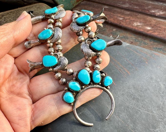 Featured listing image: Small Vintage Sterling Silver Turquoise Navajo Squash Blossom Necklace 21" Diminutive 52g