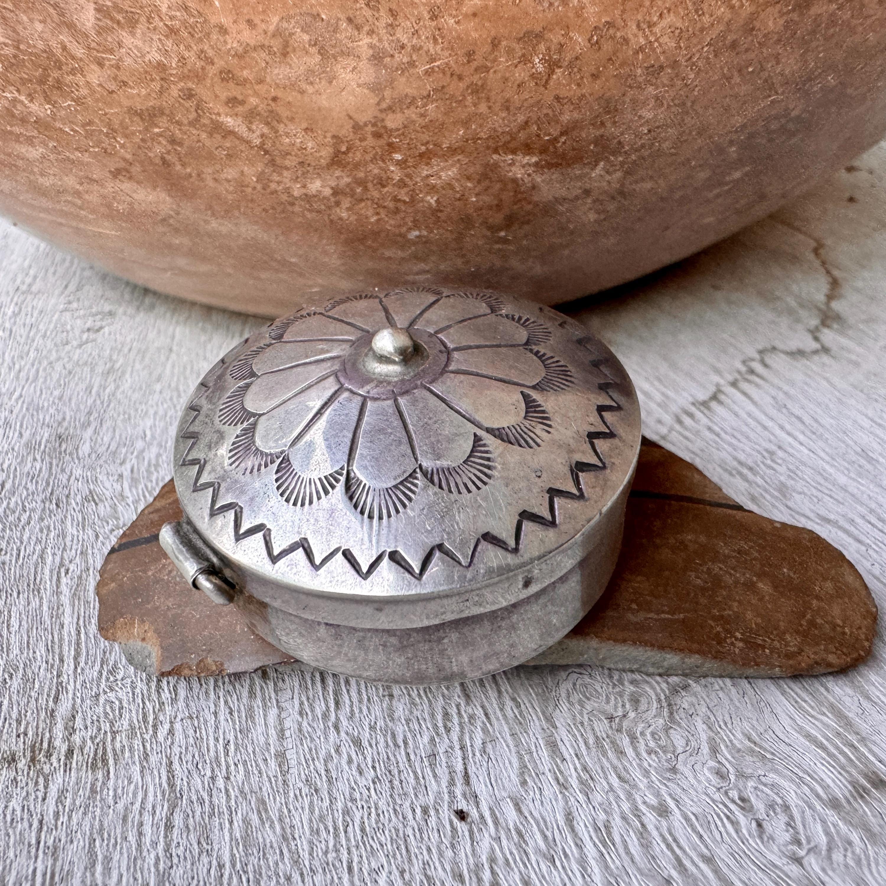 Vintage Small Stamped Sterling Silver Round Pill Box w/ Hinged Lid