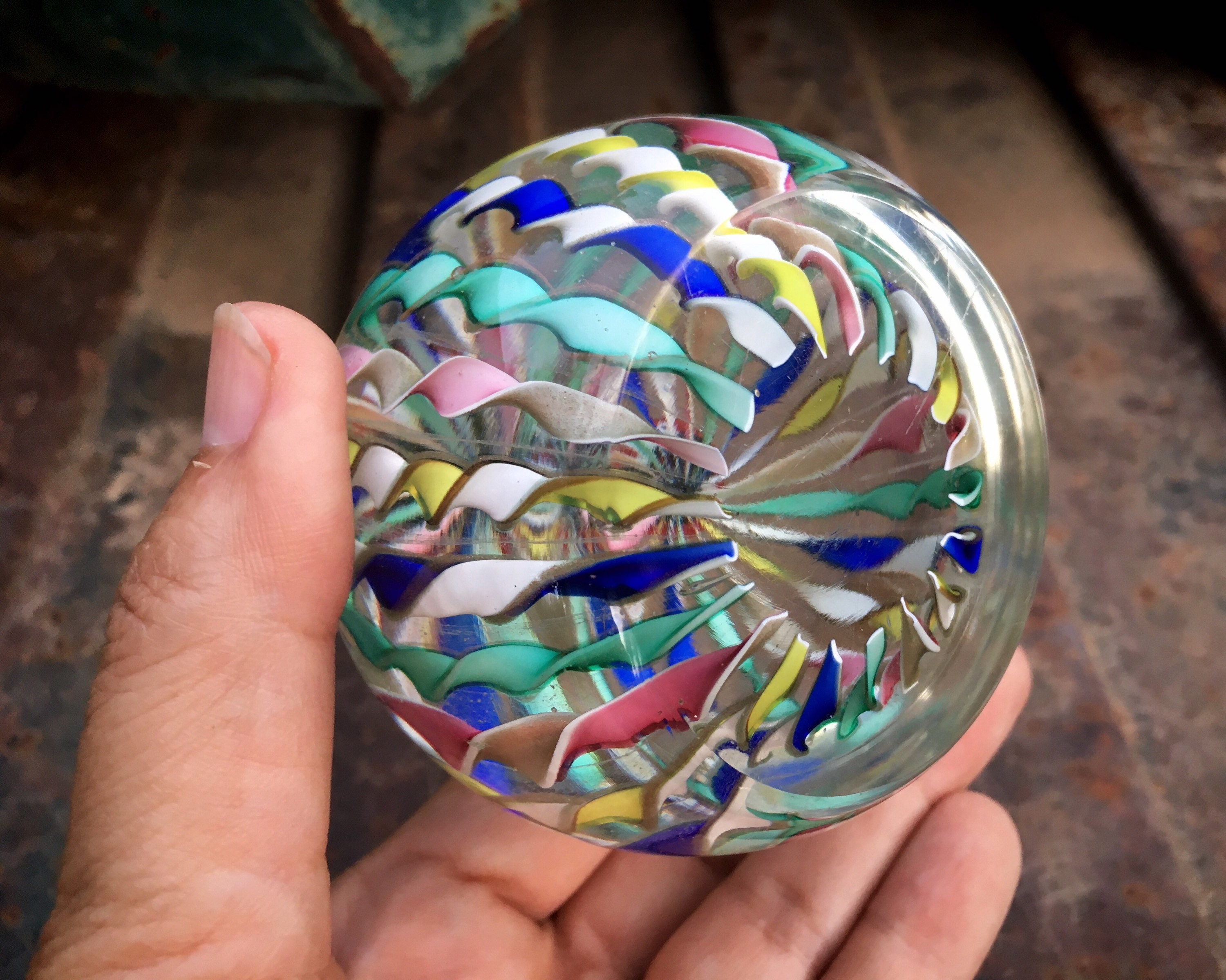 Vintage Latticino Ribbon Art Glass Paperweight Orb Pastel Colors