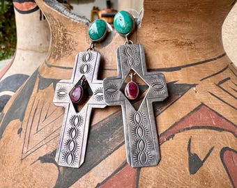 Vintage Sterling Silver Cross Earrings w/ Turquoise Purple Spiny Oyster by Navajo Lena Platero