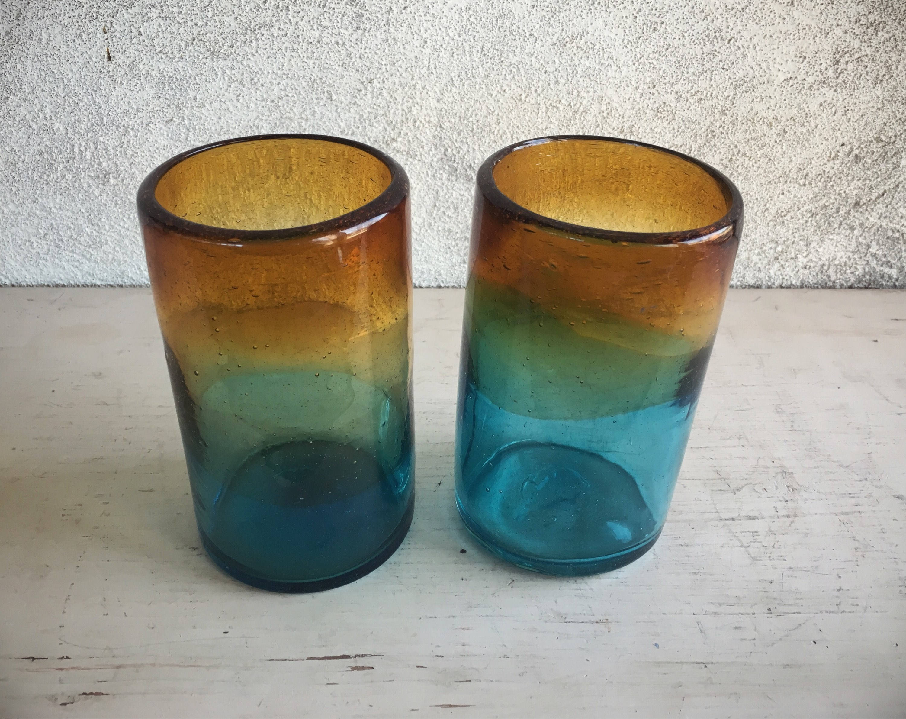 Two Drinking Glasses Mexican Blown Glass Tumblers Teal Amber Chunky