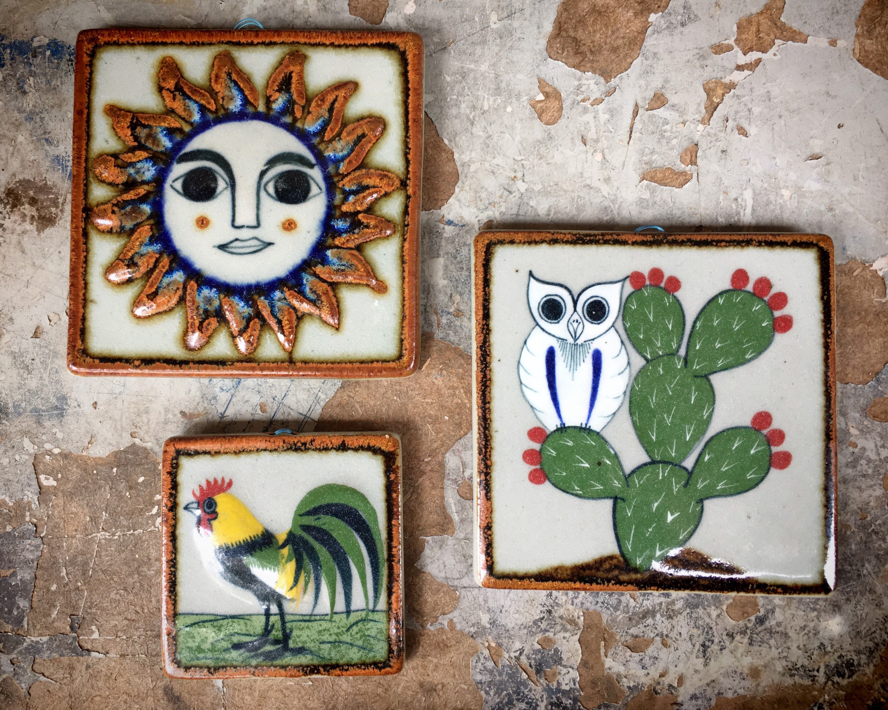 Small 4x4 Vintage Mexican Ceramic Tile Wall Hanging of Sun