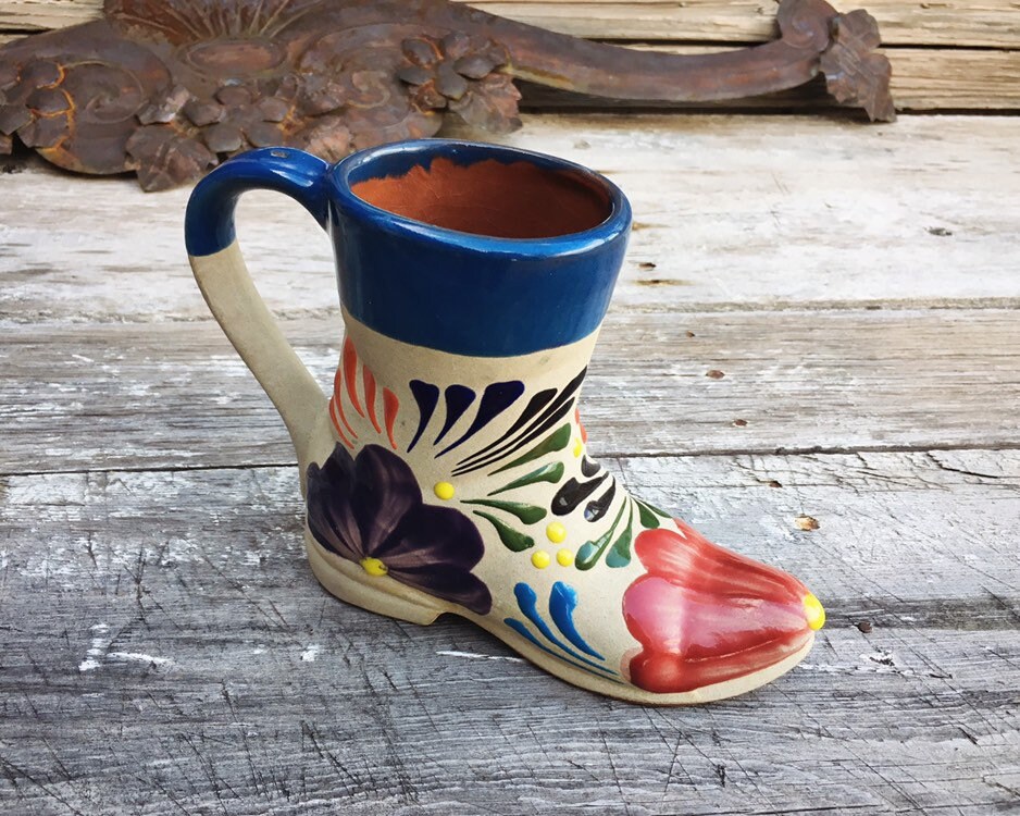 Mexican Pottery Cowboy Boot Vase with Handle, Western Southwestern