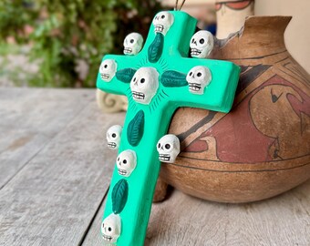 Vintage Painted Pottery Skull Cross 5.5" x 8", Teal and White, Southwestern Day of Dead Decor