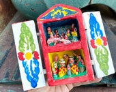 Very Small Vintage Peruvian Folk Art Retablo Scenes in Wood Box, Nativity Christmas Decor, Village Life with Animals Diorama, Friend Gift