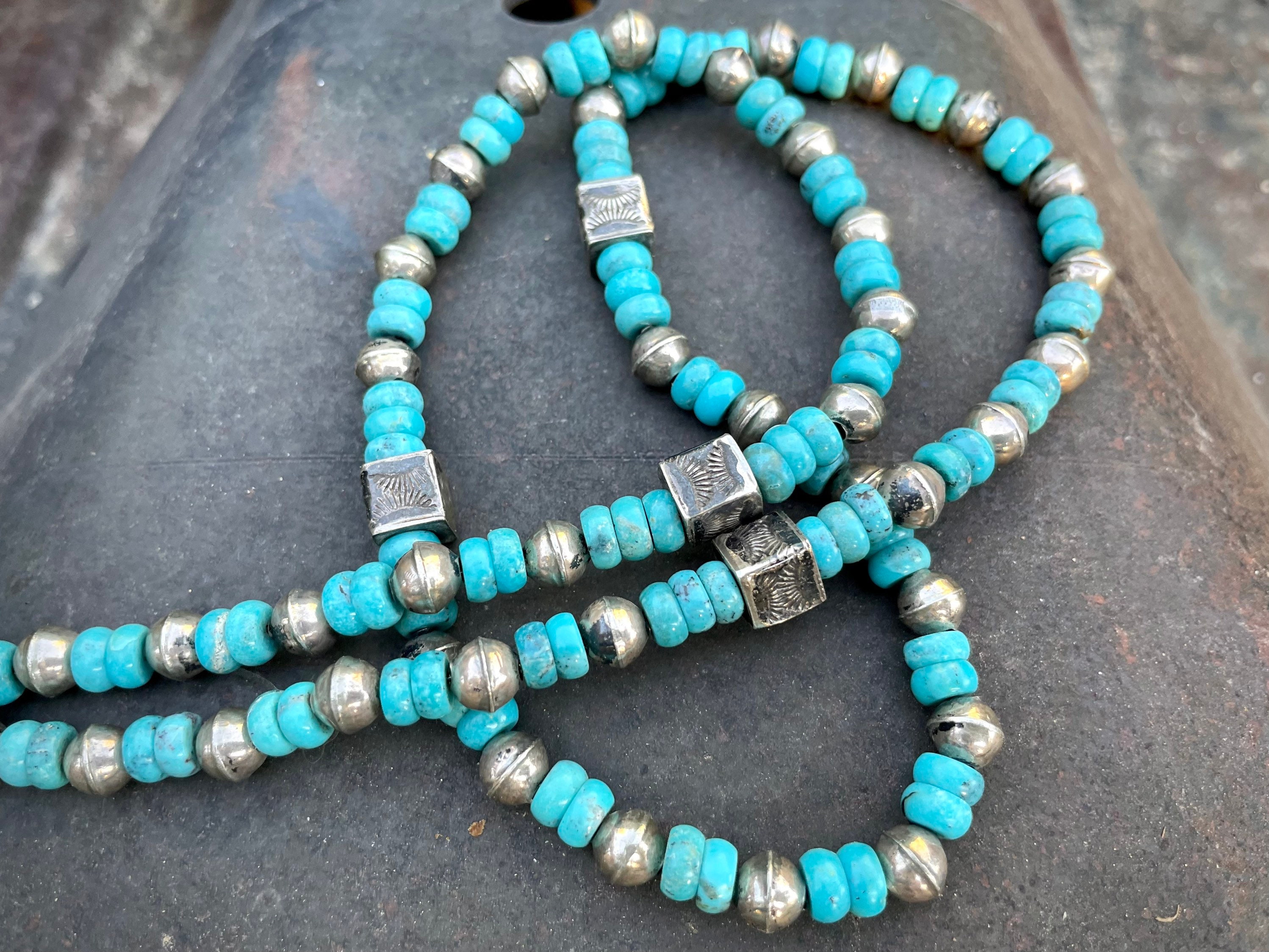 Vintage Turquoise and Sterling Silver Bead Rosary w/ Sandcast Cross by Navajo Jamison Kee