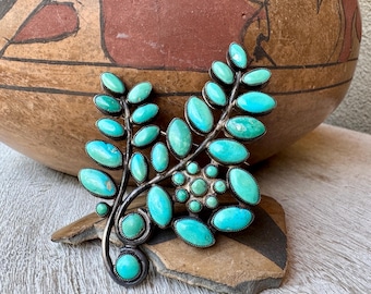 Petit Point Turquoise Cluster Flower Pin 2.75" Tall, Zuni Brooch, Native American Jewelry