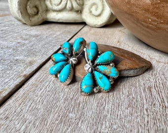 Southwestern Sterling Silver Turquoise Fan Post Earrings, Navajo Style