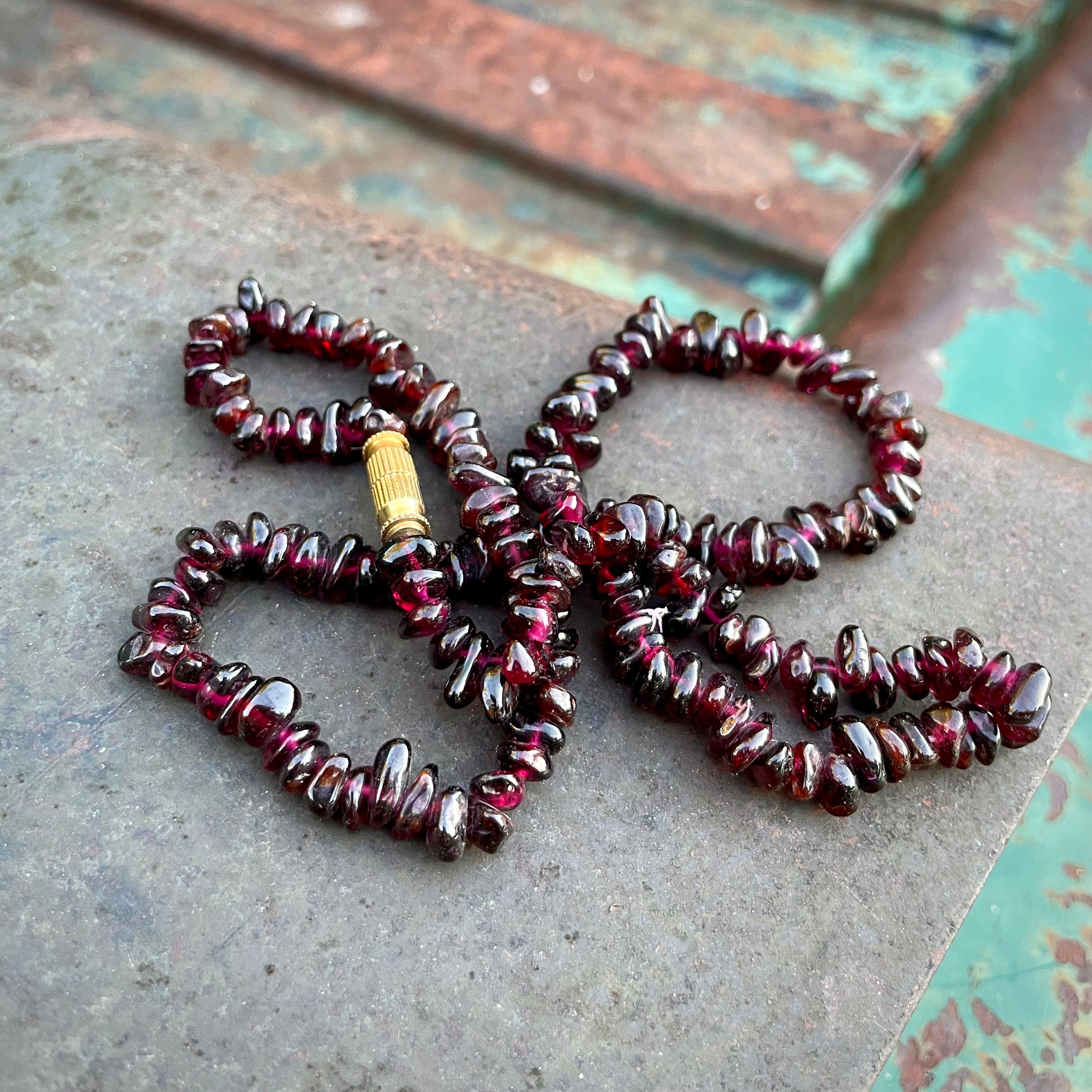 Art Deco Garnet Bead Necklace with Gold Tone Barrel Clasp, 1930s