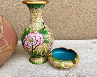 Vintage Cloisonne Small Vase & Ashtray, Yellow Pink Peony Flower, Asian Shelf Display