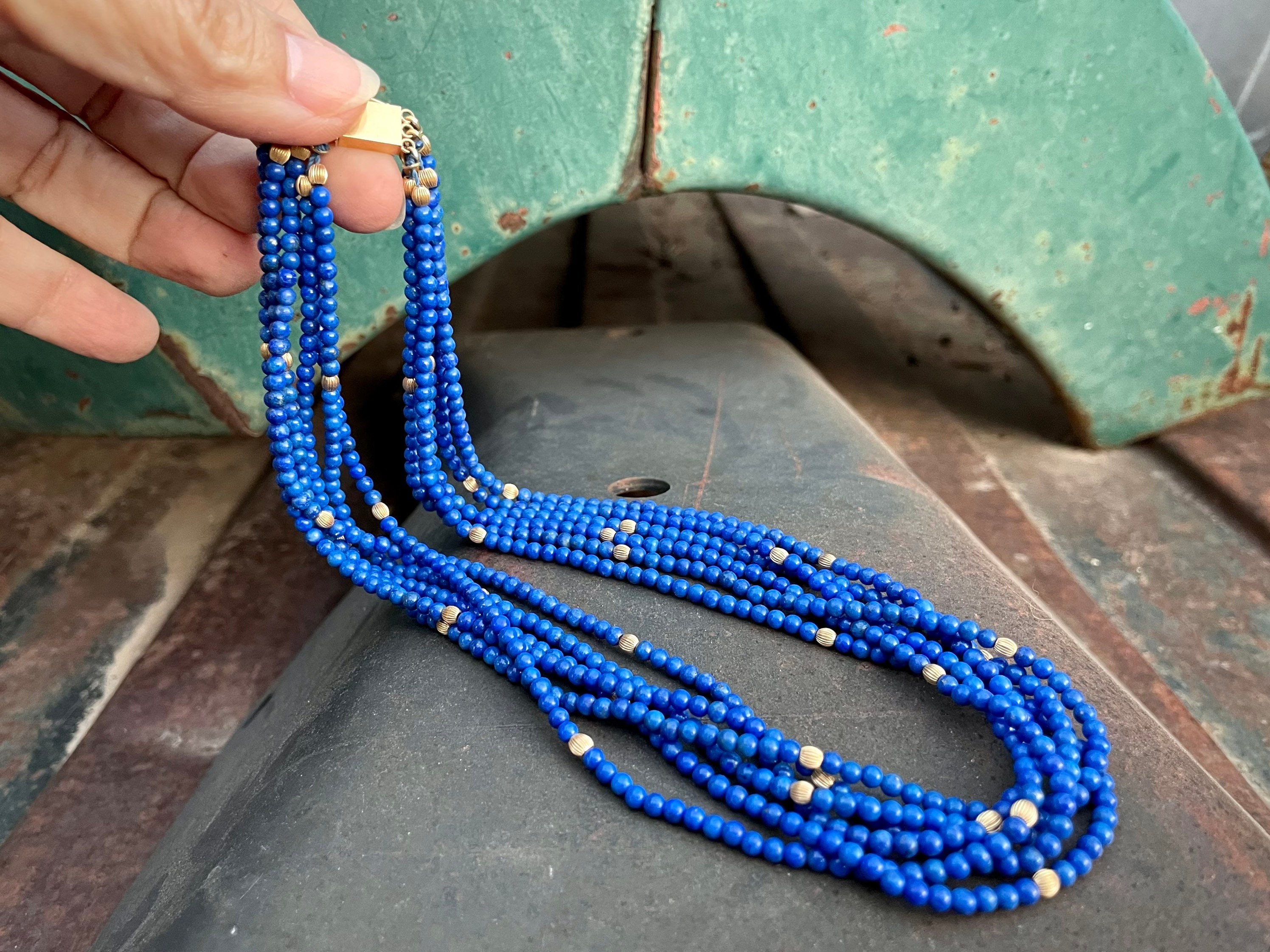 Vintage Multi-Strand Lapis Lazuli and 14K Gold Bead Choker Necklace 17 ...