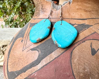Blue Turquoise Slab Earrings Converted to Ear Wires from Clip-Ons, Extra Thick