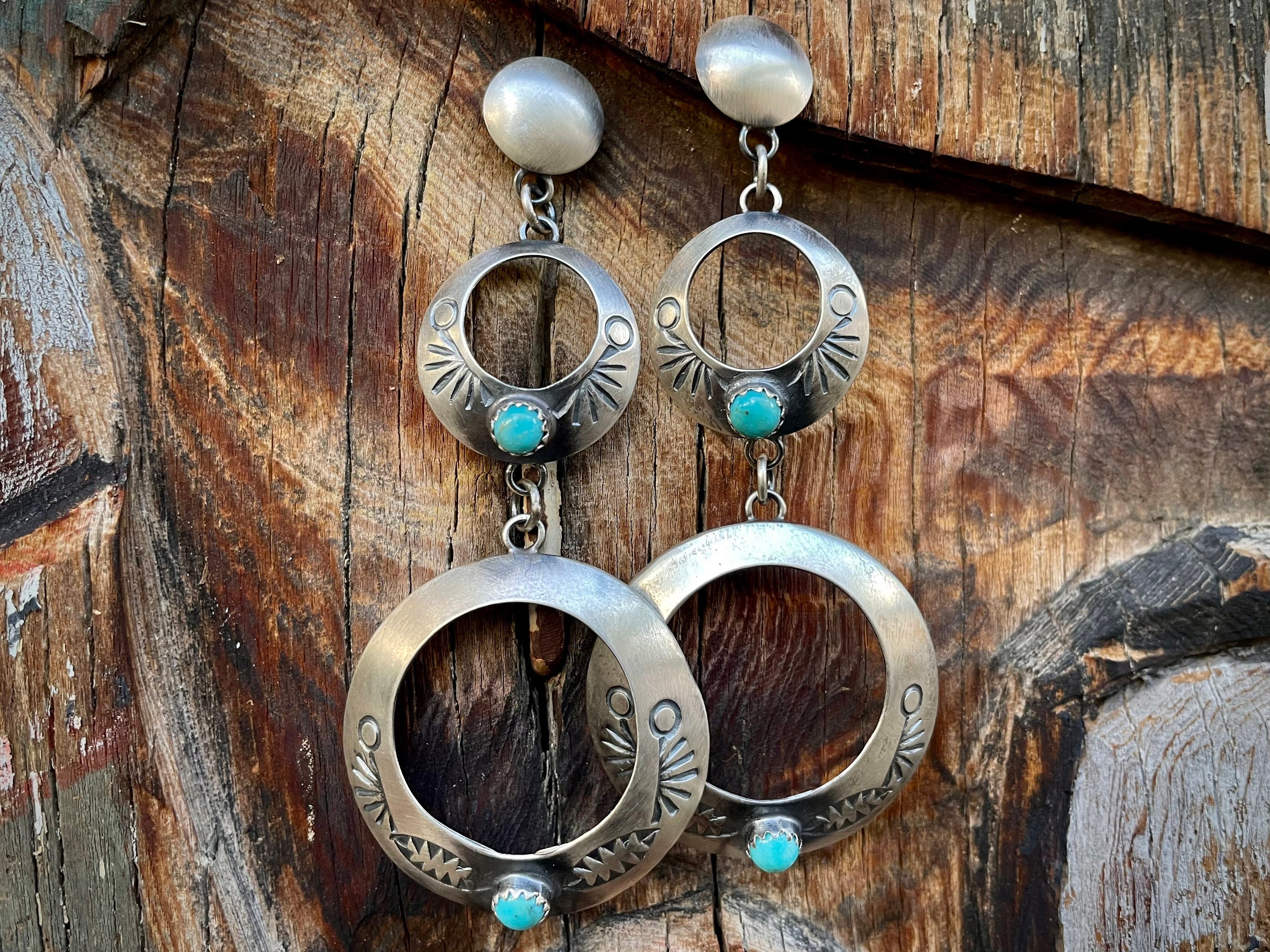 Stamped Sterling Silver Turquoise Circle Earrings by Navajo Tim Yazzie ...