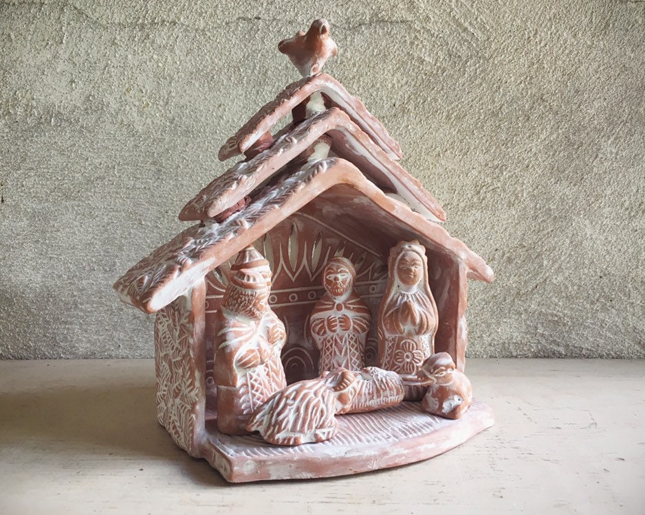 Vintage Folk Art Pottery Nativity Scene Ceramic Baby Jesus Mary Joseph ...