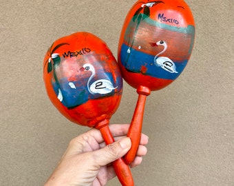 Vintage Pair of Maracas Mexican Souvenirs, Orange-Red Rattles Noise Makers, Taco Party Decor