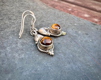 1990s Tiger’s Eye Sterling Silver Earrings, Small Dangles, Bohemian Jewelry Women's