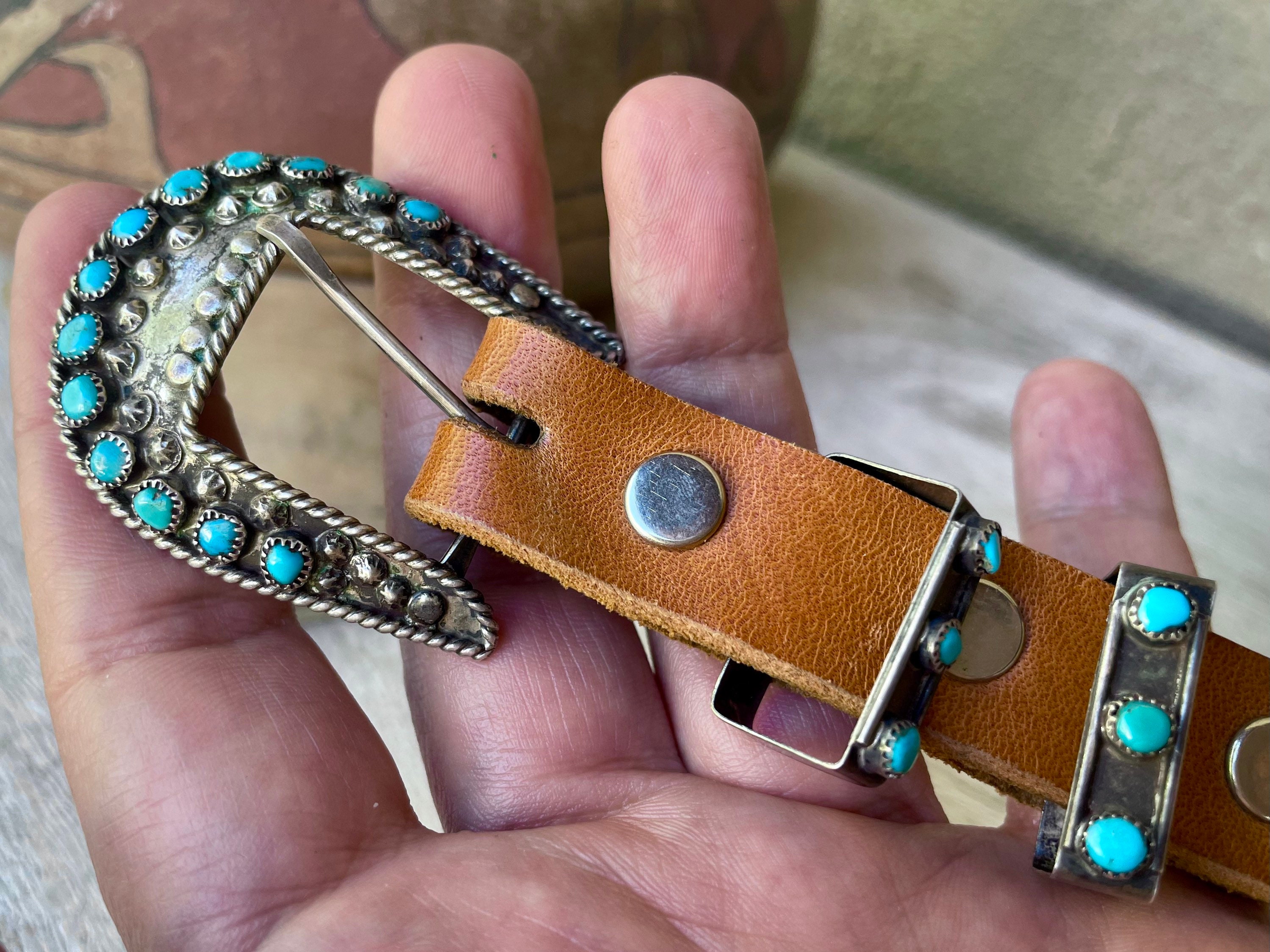 Old Zuni Turquoise Snake Eye Sterling Silver Ranger Belt Old Zuni Turquoise Snake Eye Sterling Silver Ranger Belt