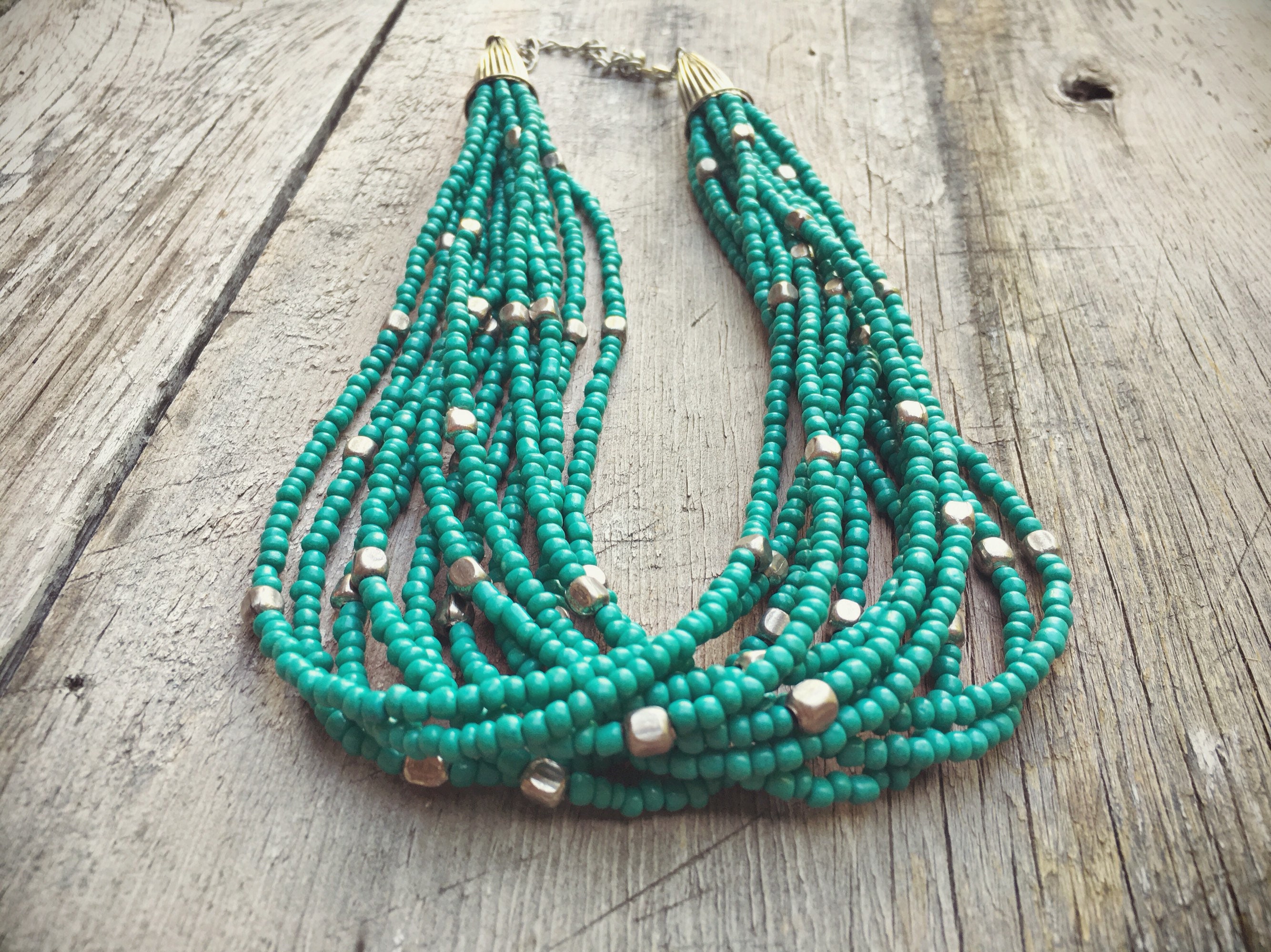 12 Strand Bead Necklace Turquoise Color Glass Beads, Bohemian Necklace