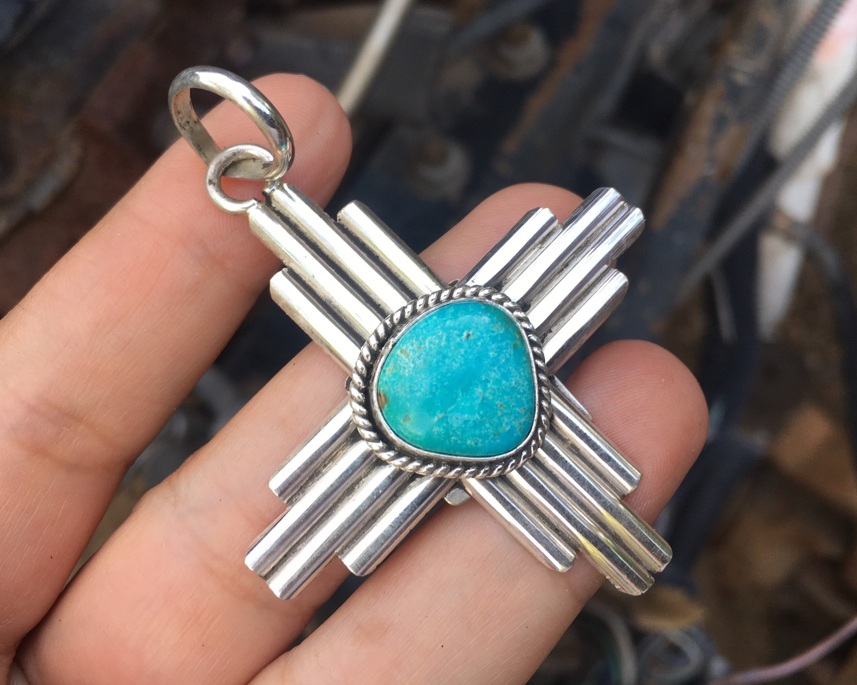 Sterling Silver And Turquoise Zia Pendant For Necklace Native America