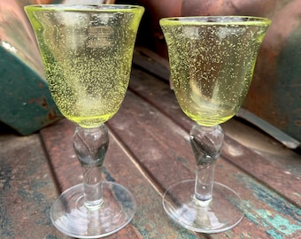 Pair Vintage Hand-Blown Glass Goblets Yellow Bubbles with Clear Stems, Southwestern Decor