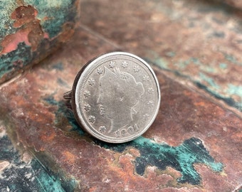 1901 Liberty Head "V" Nickel in Sterling Silver Bezel, Approx Size 7.5, American Coin Jewelry Unisex, Southwestern Style, Girlfriend Gift