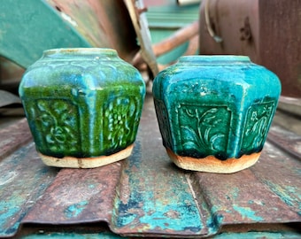 Pair of Vintage Chinese Shiwan Pottery Green Teal Glazed Ginger Jars Celadon Earthenware Hexagon