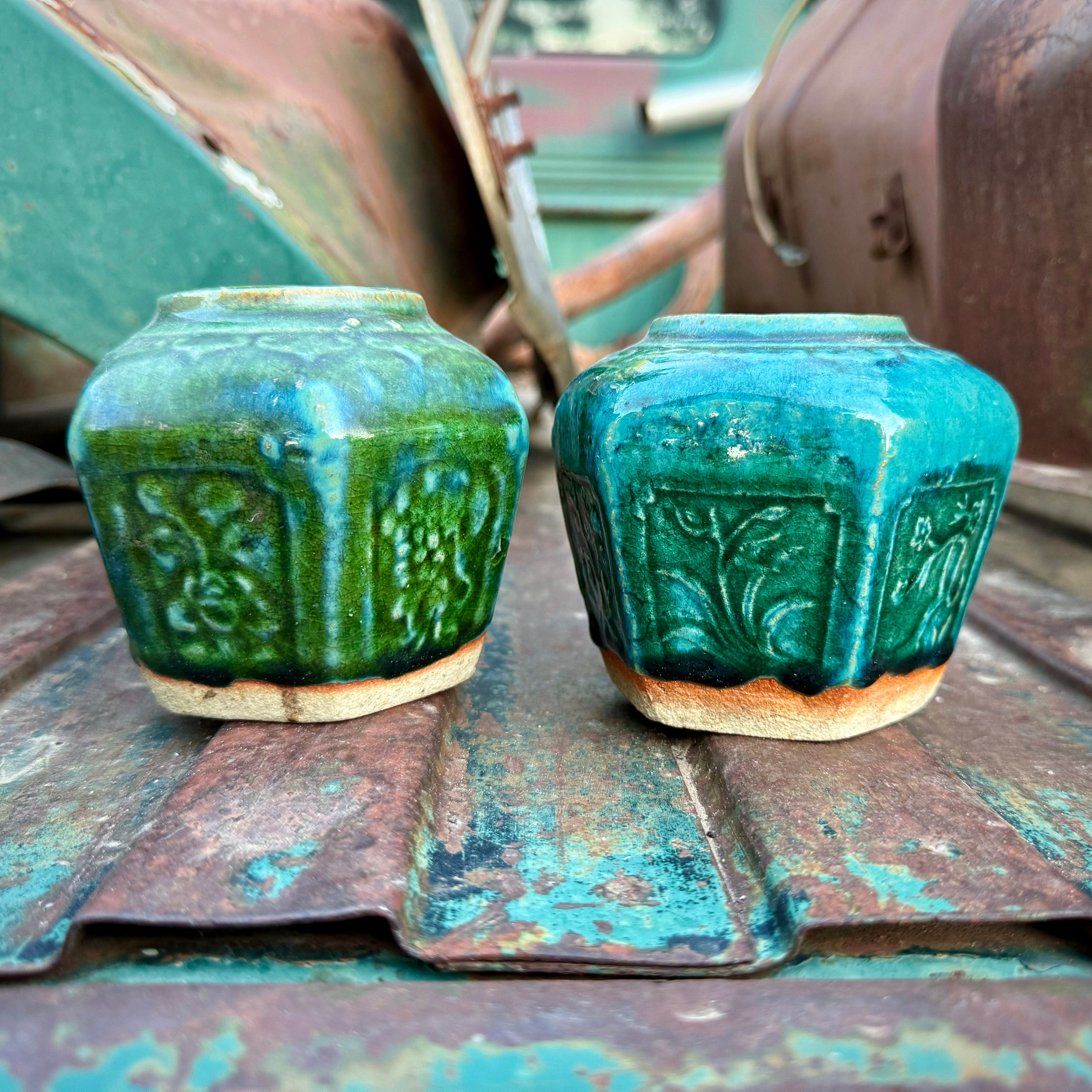 【高価値】 Vintage of Pair Shiwan Jars Ginger Glazed Teal Green Pottery 花瓶・フラワースタンド