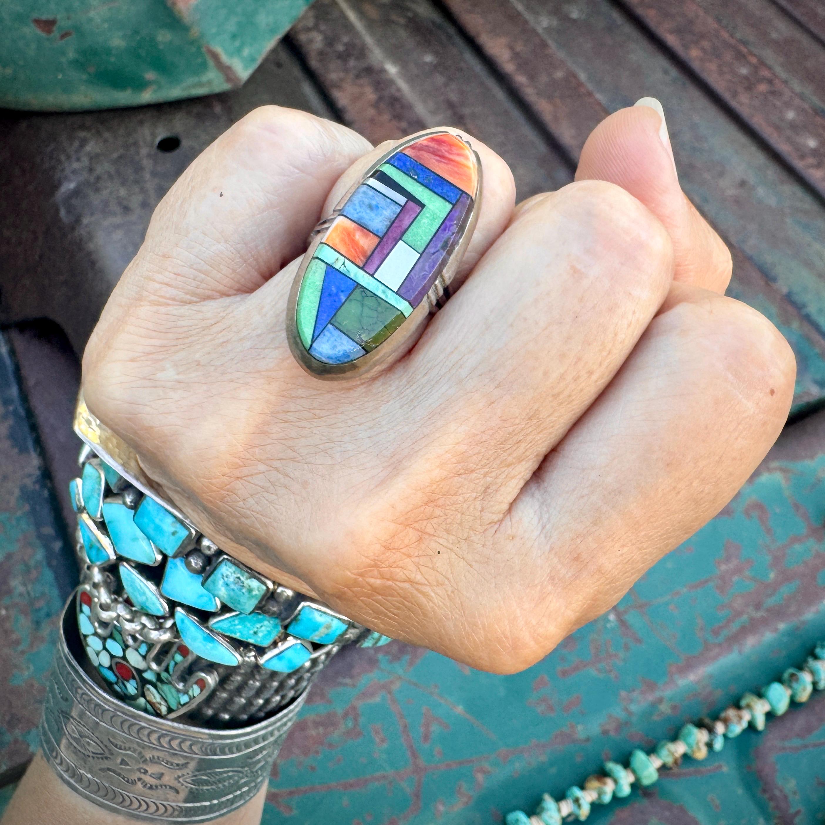 Navajo Alvin Yellowhorse Channel Inlay Ring SZ 7.5, Multicolor Mosaic