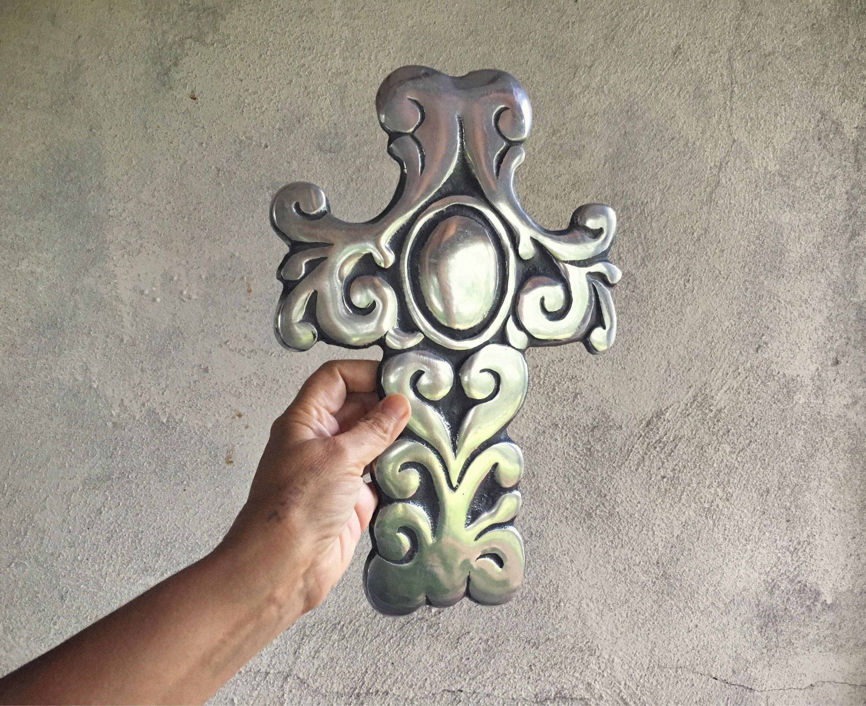Three vintage wall crosses made of pewter wall hangings Spanish decor