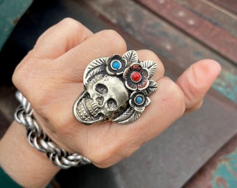 Tribal Silver Skeleton Skull Ring on Adjustable Band, Coral Turquoise Accents, Day of Dead Jewelry