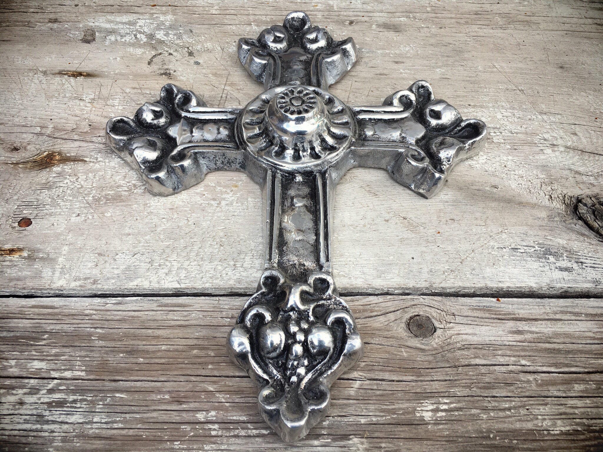 Large Mexican Wall Cross Pewter Metal Cross Wall Hanging Spanish