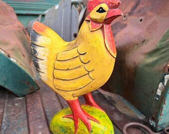 Vintage Painted Wooden Rooster Tabletop Statue Golden Yellow, Indonesian Folk Art Display