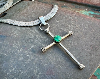 Malachite Cross Pendant on Thick 925 Sterling Silver Flat Chain Approx 24", Southwestern Jewelry, Communion Gift Catholic Goddaughter Son