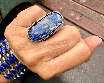 Navajo Wilbert Denetdale Large Sodalite Ring Approx Size 6.75 to 7, Native American Indian Jewelry