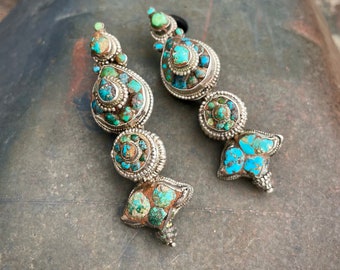 Vintage Tibetan Turquoise Earrings Adornments Tribal Silver w/ Color Variation, Akor Lotus Bud