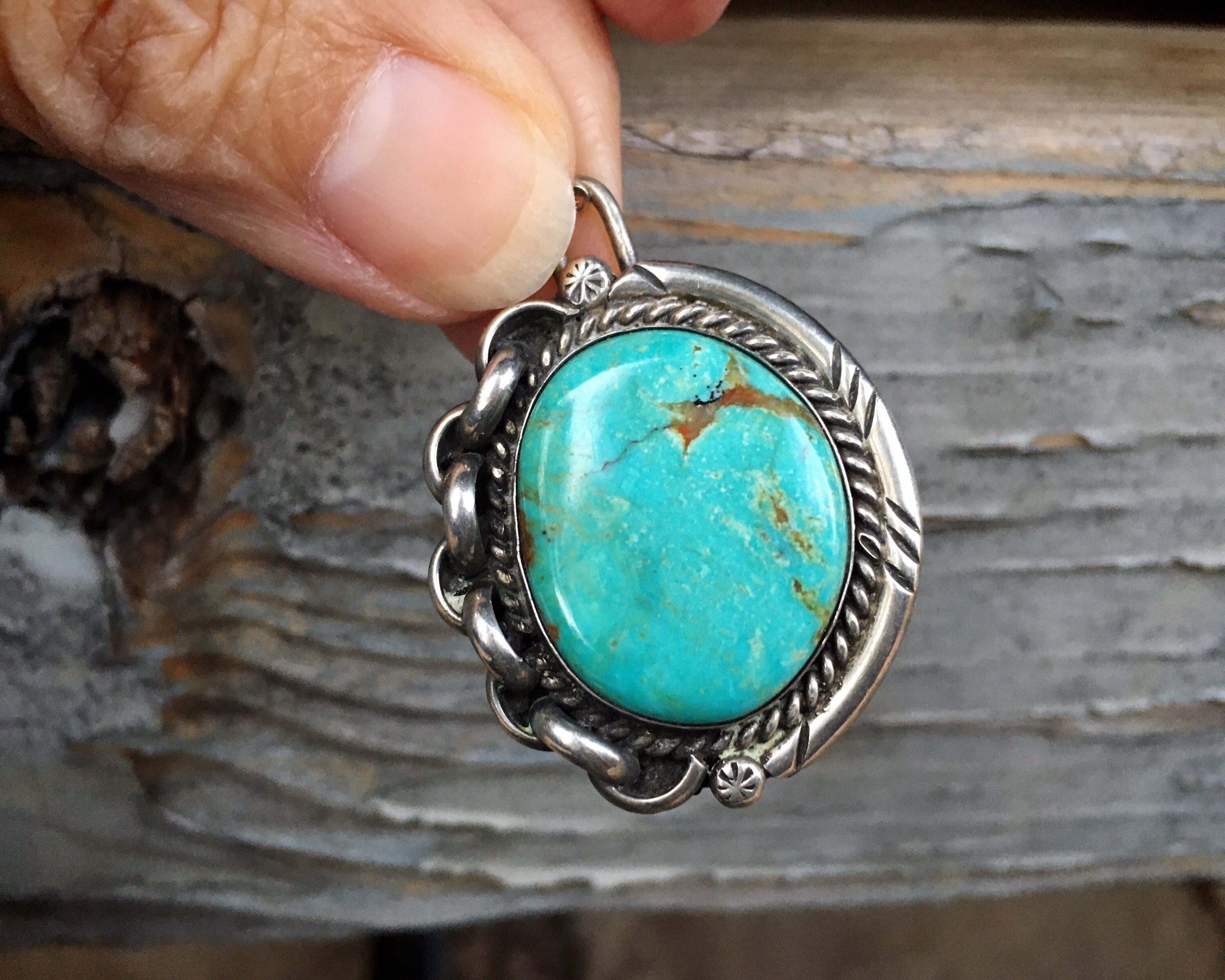 1970s Turquoise Pendant Necklace with Unusual Link Border, Vintage ...