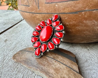 Navajo Mark Yazzie Sterling Silver Coral Cluster Ring Size 8.75 (Slightly Adj), Native American