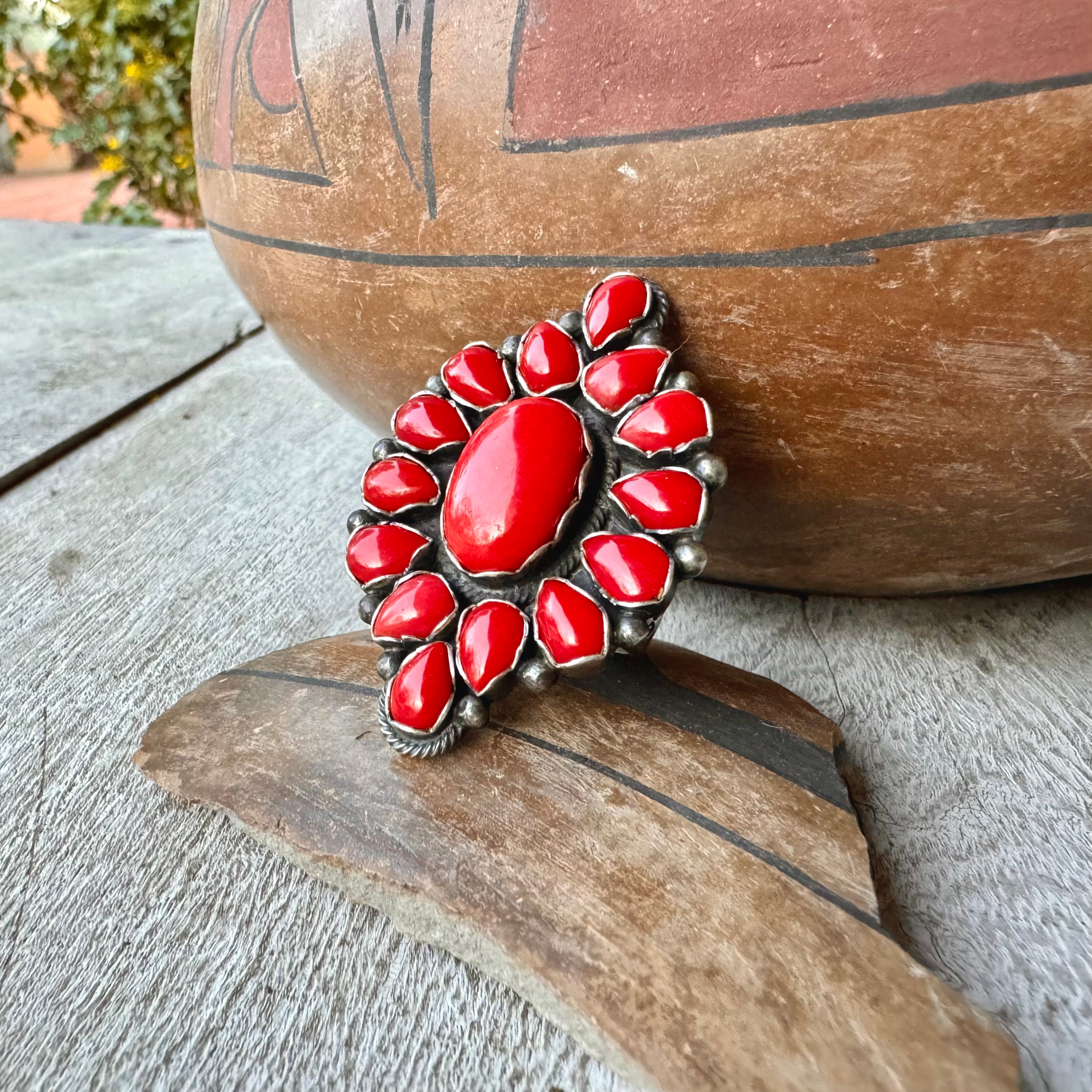 Impressive Navajo Coral Cluster Sterling Silver Ring Native American Impressive Navajo Coral Cluster Sterling Silver Ring Native American