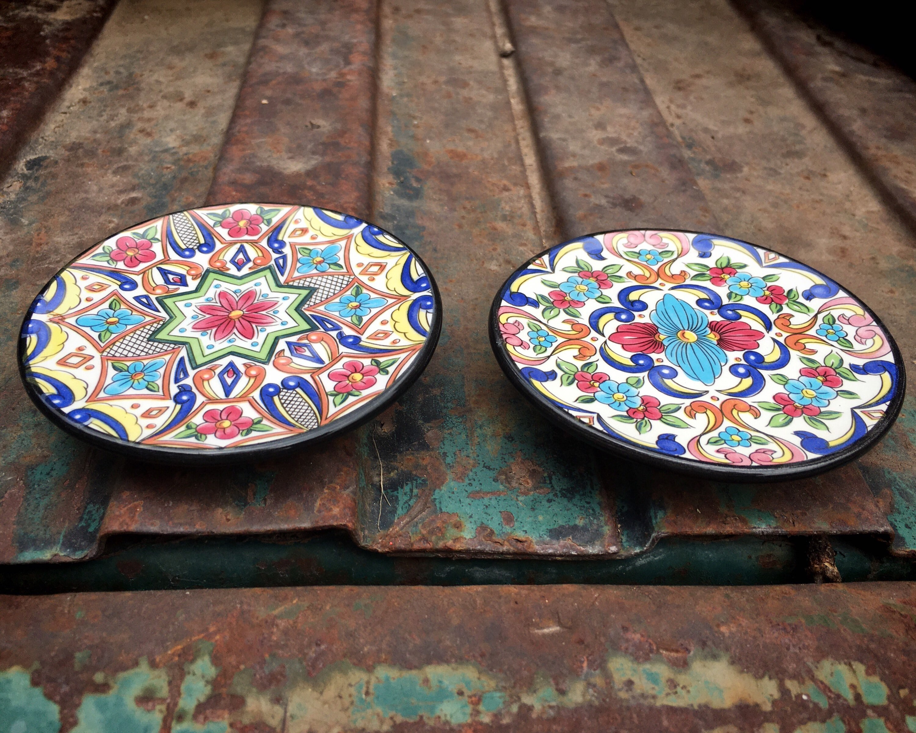 Two Handmade Spanish Miniature Wall Plates by Ceraplate, Blue and White