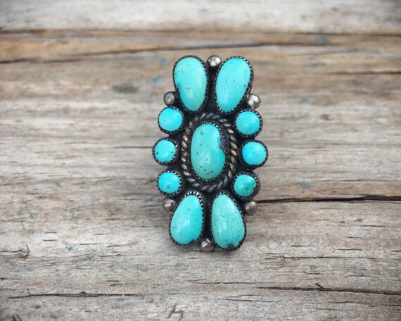 Whimsical Vintage Native American Zuni Blue Gem Turquoise Sterling Silver Ring Old Whimsical Vintage Native American Zuni Blue Gem Turquoise Sterling Silver Ring Old