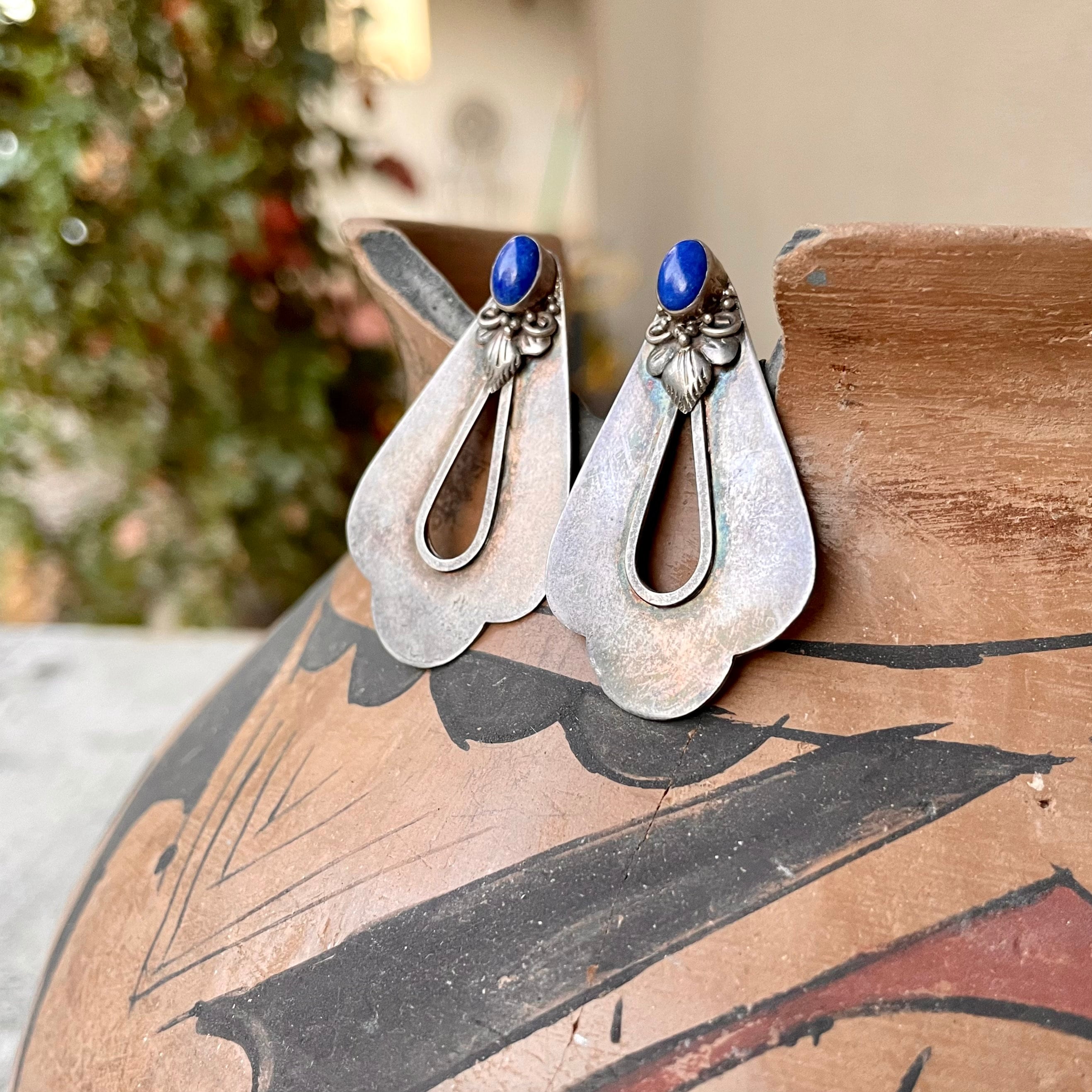 Vintage Sterling Silver Lapis Lazuli Tribal Earrings