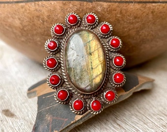 Large Tribal Silver Labradorite and Red Bead Ring from Tibet, Size Adjustable, Gemstone Jewelry