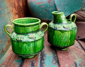 Vintage Oaxaca Old Mexico Green Pottery Decorative Vases Circa 1940s, Loza Verde