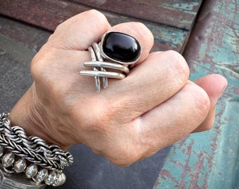 Lilly Barrack Sterling Silver Black Onyx Ring Approx Size 7.75, Modernist Jewelry Contemporary