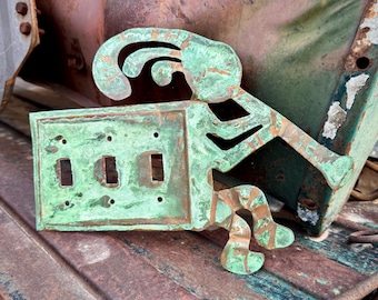 Vintage Southwestern Copper Light Switch Cover Kokopelli  Verdigris, Triple Switchplate