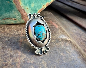 Vintage Sterling Silver Turquoise Shadowbox Ring Size 5.75, Signed Navajo