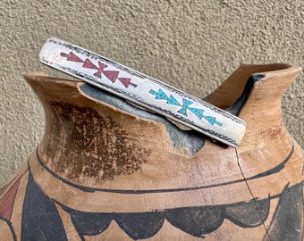 Vintage Tommy Singer Narrow Barrette .375" x 2-75", Sterling Silver Chip Turquoise Coral Inlay